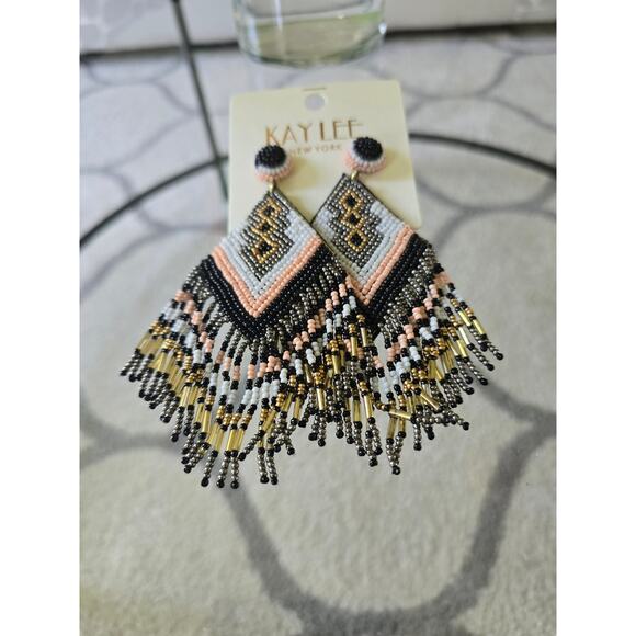 Kay Lee Boho Beaded Earrings Black Pink New - Picture 2 of 4